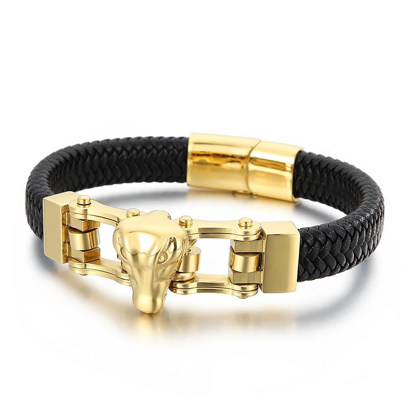 KALEN Gold Plated Stainless Steel Crocodile Genuine Cowhide Leather Bracelet Bangles for Men 21cm&Trendy