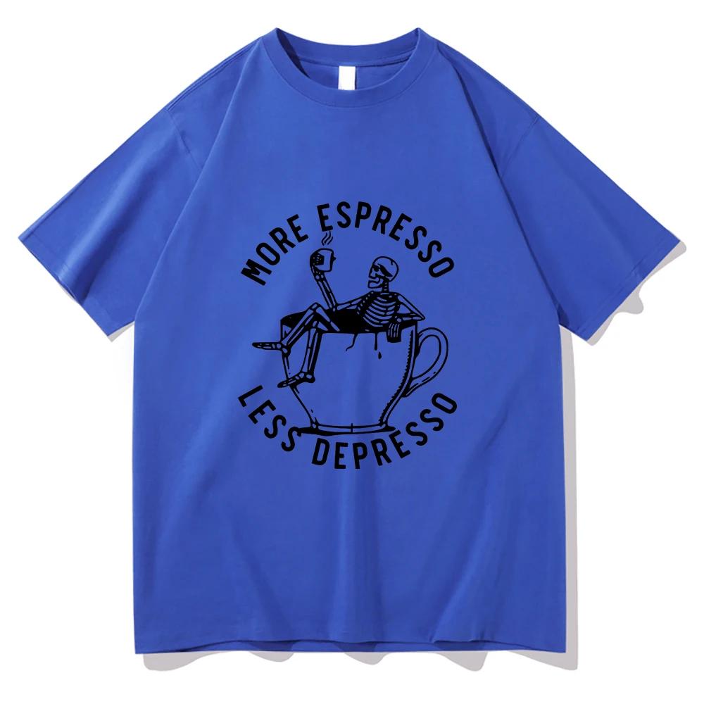 Summer Men's More Espresso Less Depresso Skeleton Drinking Coffee Pattern Print Horror Style 100% Cotton Short-sleeved T-shirt