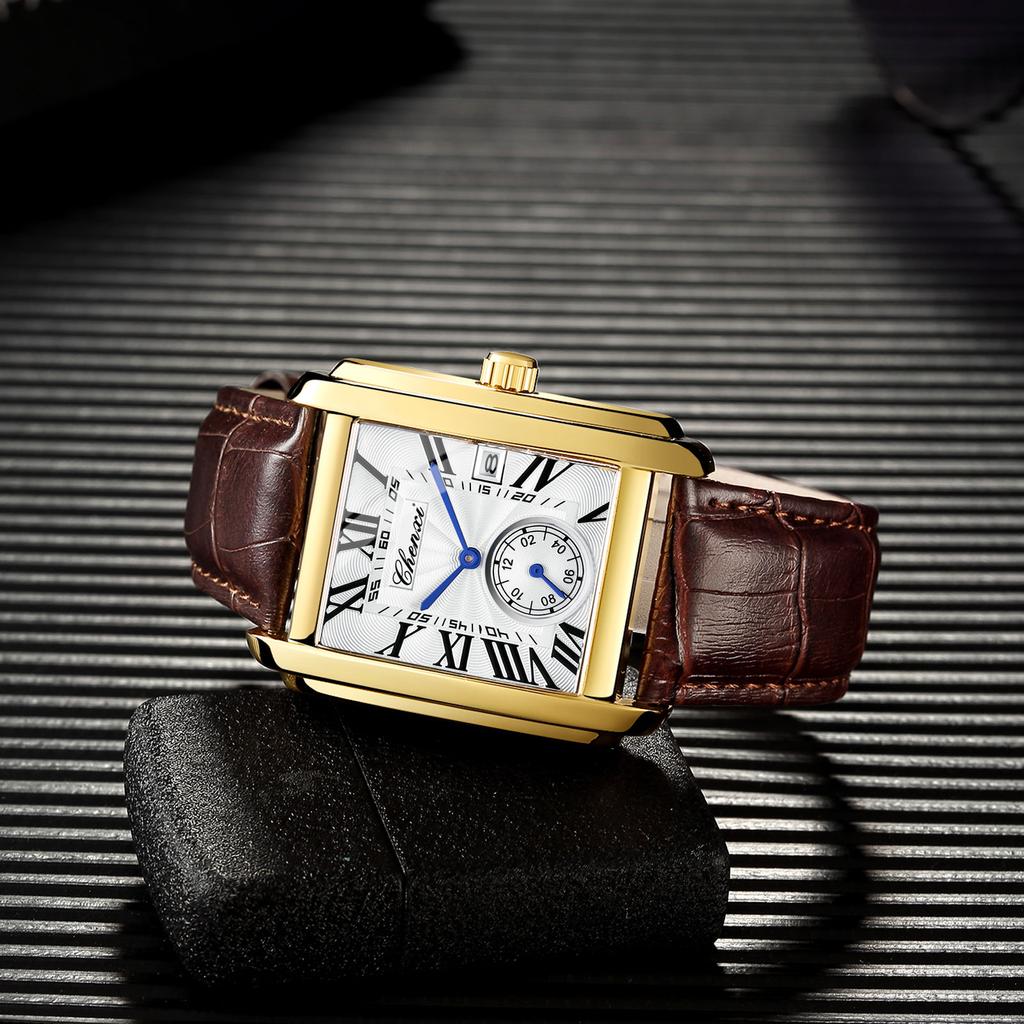 New Business Men's Watch Fashion Square Roman Numeral Dial Waterproof Brown Leather Male Casual Fashion Date Quartz Watches