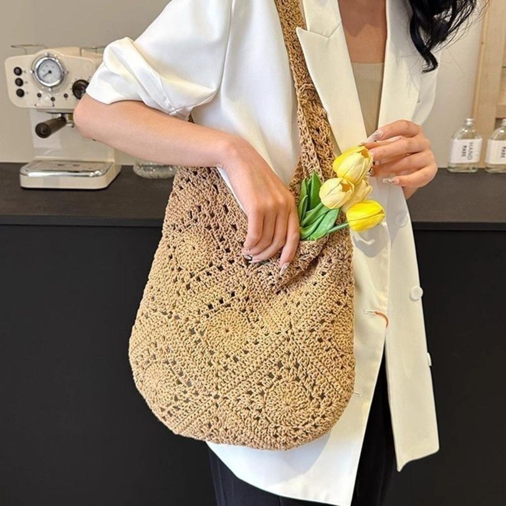 Lazy Style Crochet Shoulder Bag Large Capacity Tote Bag Trendy Women Straw Woven Bag  Ladies