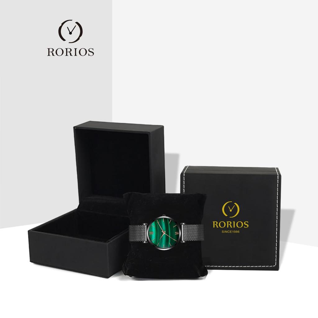 RORIOS Women's Watch, Japanese Quartz Movement, Malachite Stone, Green Dial, Water Resistant, Analog, Casual, Stainless Steel & Leather Band, Stylish,