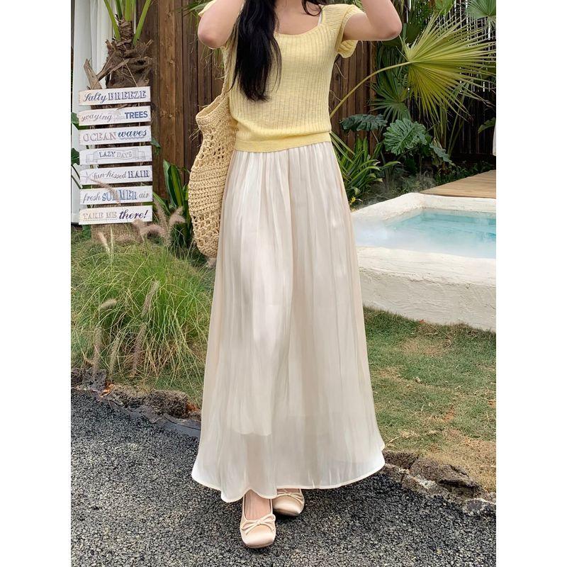 

Kumikumi Свободный стиль Однотонная Драпированная Свободная Юбка Женская Одежда Осень Новое поступление Эластичная талия На все случаи жизни Пышная юбка Apricot color One size