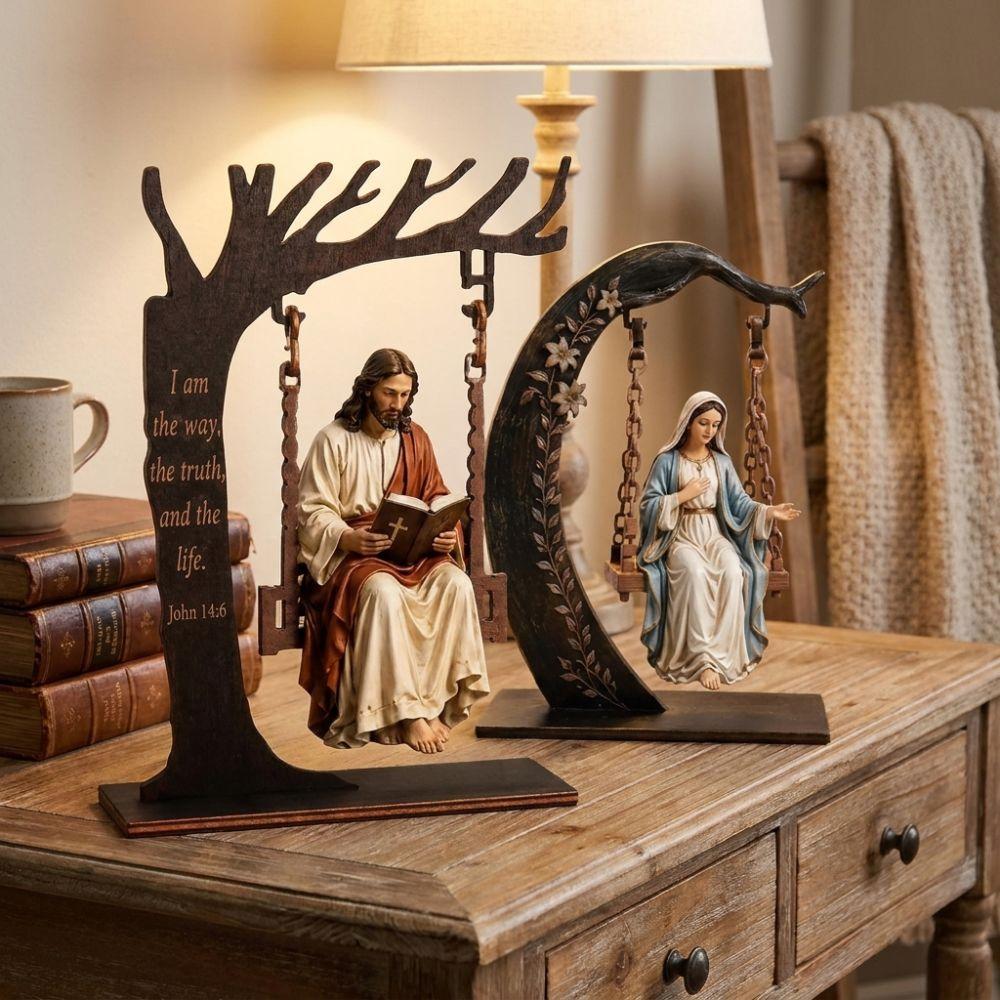 Catholic Wooden Jesus Swing Ornament Religious Virgin Mary Swing Sculpture Faith Home Decor