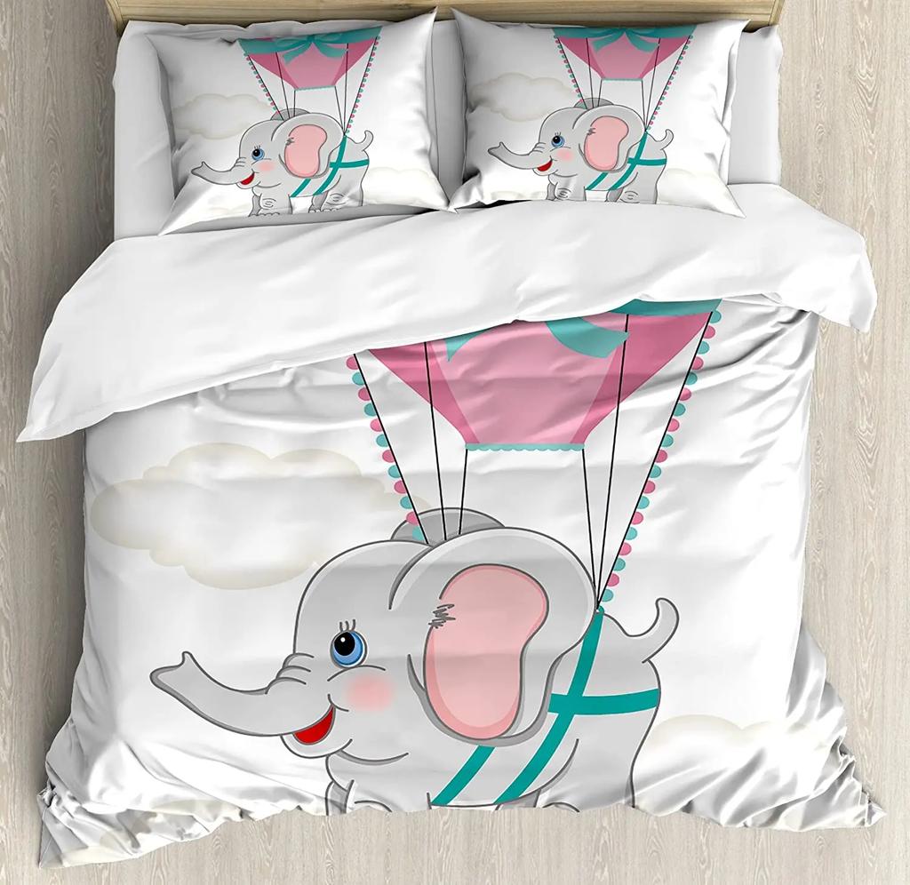 Elephant Nursery Decor Bedding Set For Bedroom Bed Home Cute Elephants Holding Heart Shape Duvet Cover Quilt Cover Pillowcase