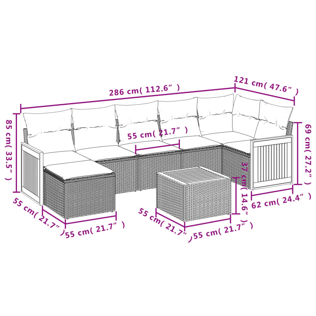 Vidaxl 8-Cz. Tuinmeubelset met Kussens, Grijs, Polyrotan