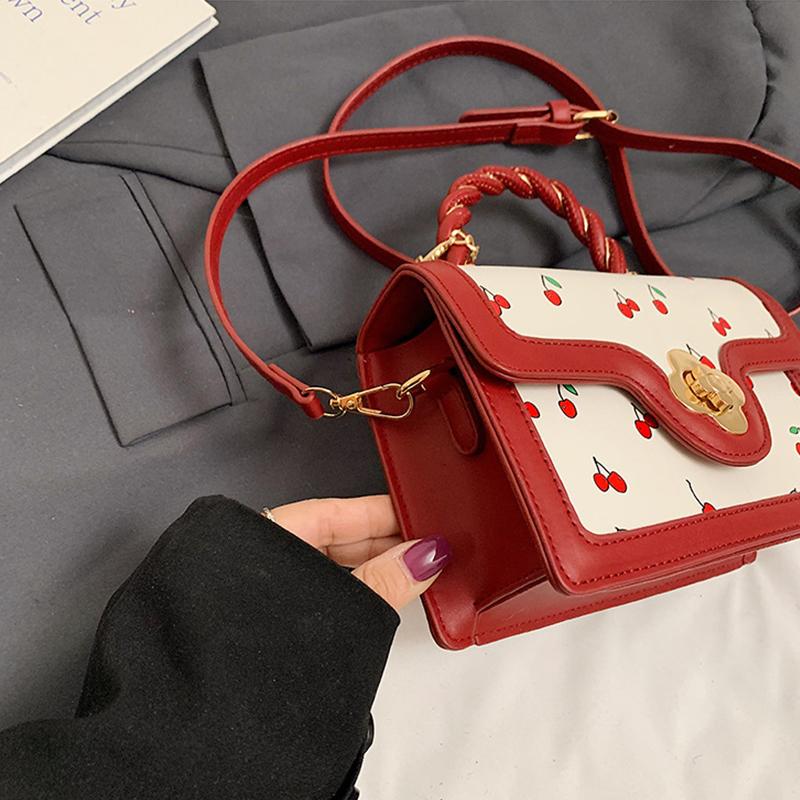 Women Cherry Square Bag PU Leather Sweet Cherry Crossbody Bag Adjustable Strap Sling Ladies Outdoor Small Handbags
