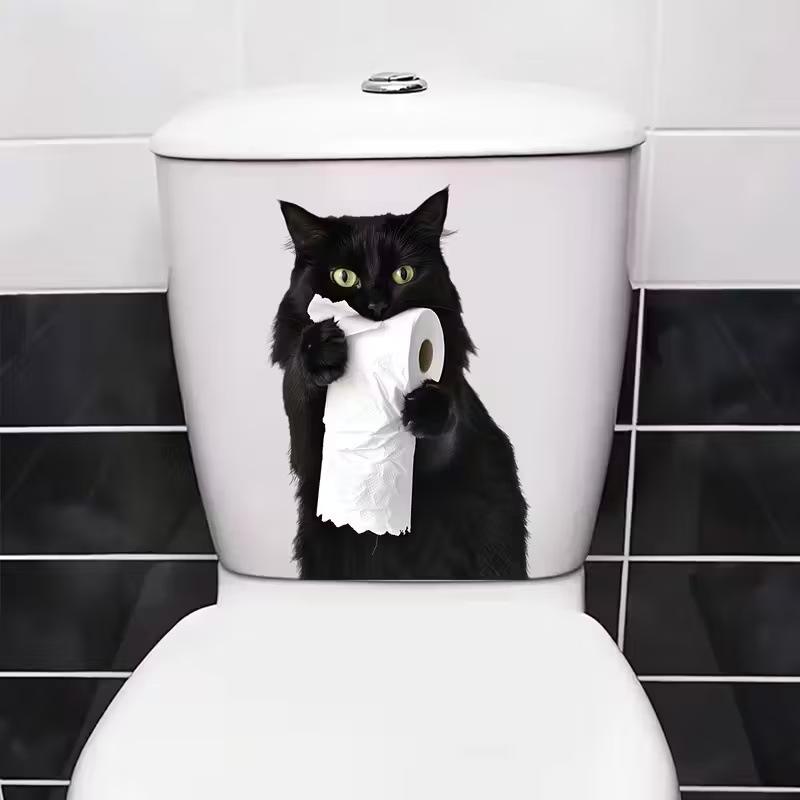 Funny Black Cat Toilet Sticker Self Adhesive Waterproof Bathroom Toilet Paper Decor