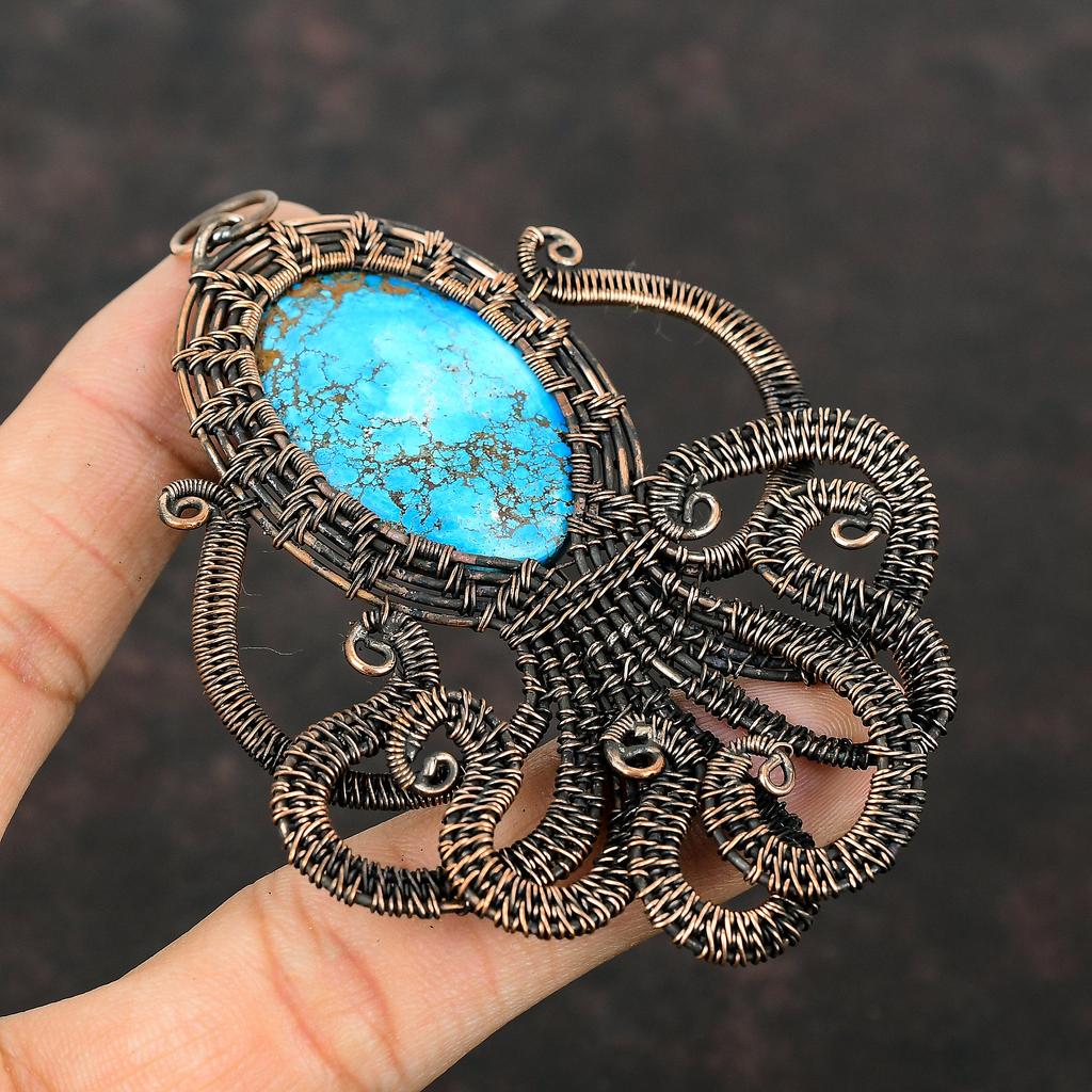 Tibetan Turquoise Pendant Copper Wire Wrapped Octopus Pendant Natural Gemstone Pendant Copper Designer Jewelry Handmade Pendant Gift For Her