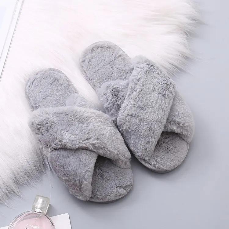 NEW Design Women Winter House Furry Slippers Women Cross Fluffy Fur Home Slides Flat Indoor Floor Shoes Ladies Flip Flops