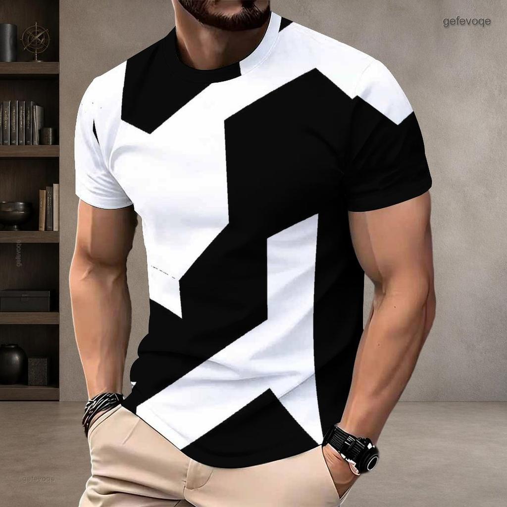 Men Plus Size Round Neck Short Sleeve T Shirt Black White Printed Pullover Straight Hem