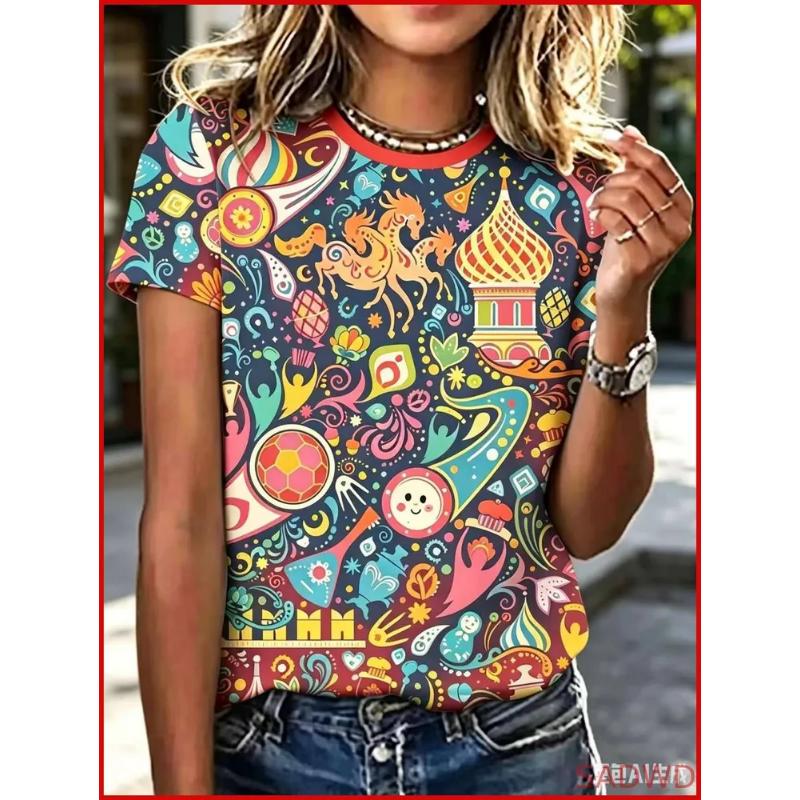 Moda Donna Girocollo Manica Corta Stampa Colore 3D Casual T-shirt Casual a Manica Corta Girocollo