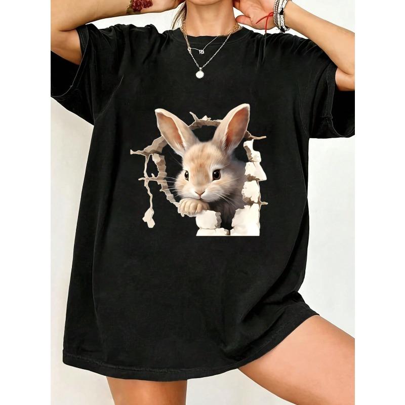 

Oversized T Shirt Black Rabbit Breaking Through Wall Print Casual Wear For Women Summer Fashion Street Style Top XXXXL чёрный