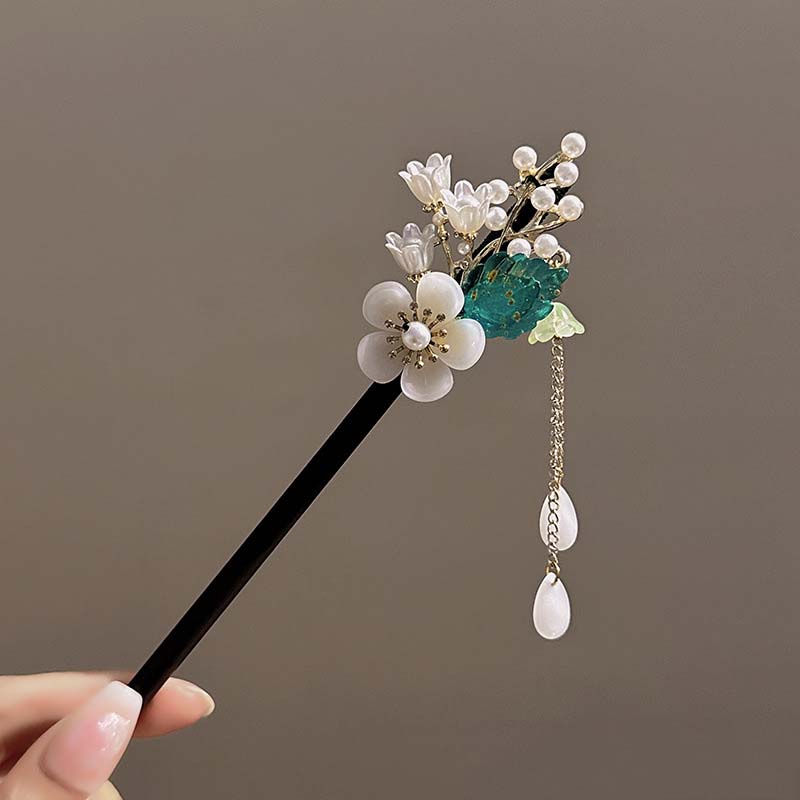 Classic Chinese Wooden Tassel Hair Stick for Women Flower Fresh Pearl Handmade Hairpins Charm Jewelry Accessories Hair Ornaments
