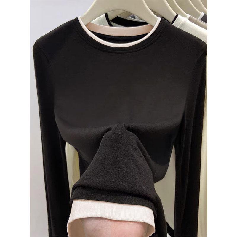 Double-Sided Plush Color Block Long Sleeve Layered T-shirt – 2025 Autumn/Winter Collection