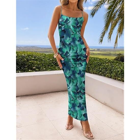 Women's Sexy Suspender Backless Flower Print Slim Summer Long Dress