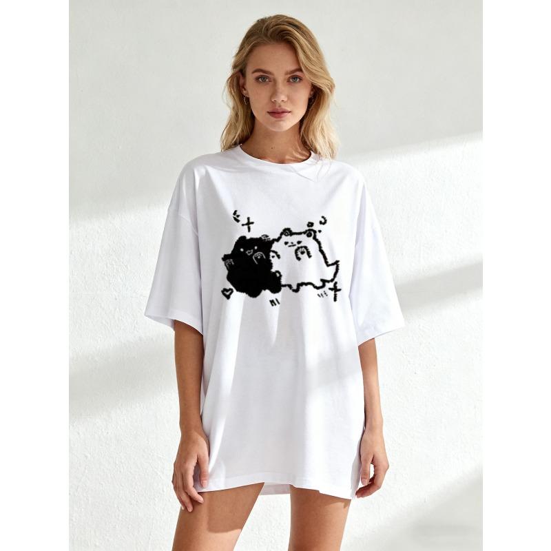 Oversized T Shirt Black Bear And Moon Print Casual Wear For Women
