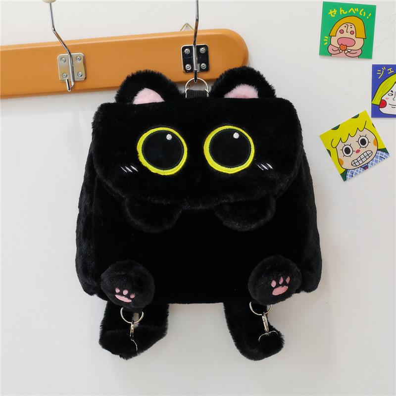 Student s new plush lazy sweet cute black cat backpack girl college style doll bag