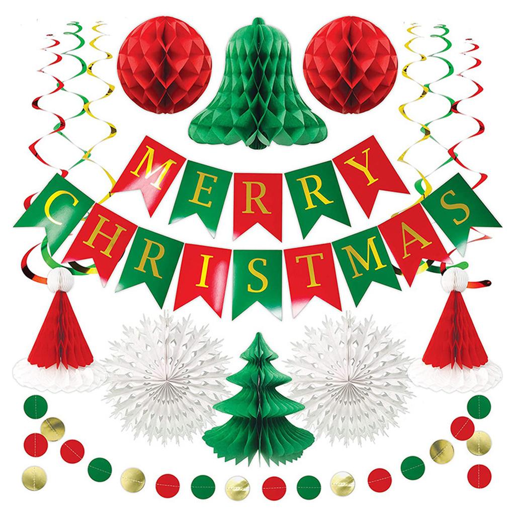 Xmas Tree Honeycomb Backdrop Paper Fan for Banner Set for Christmas Front Door Wall Paper Fan +Banner Set for Party