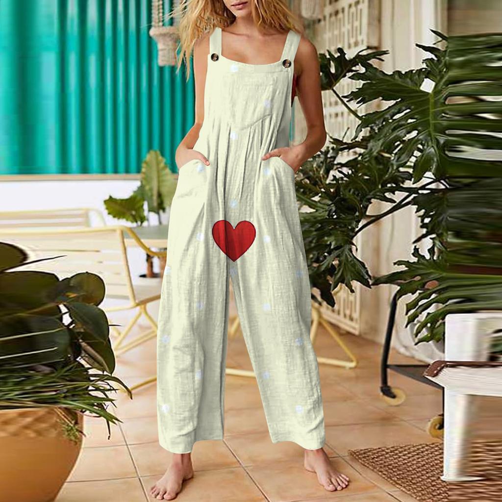 Women's Valentine's Day Printed Casual Loose Retro Cotton Linen Overalls With Pockets