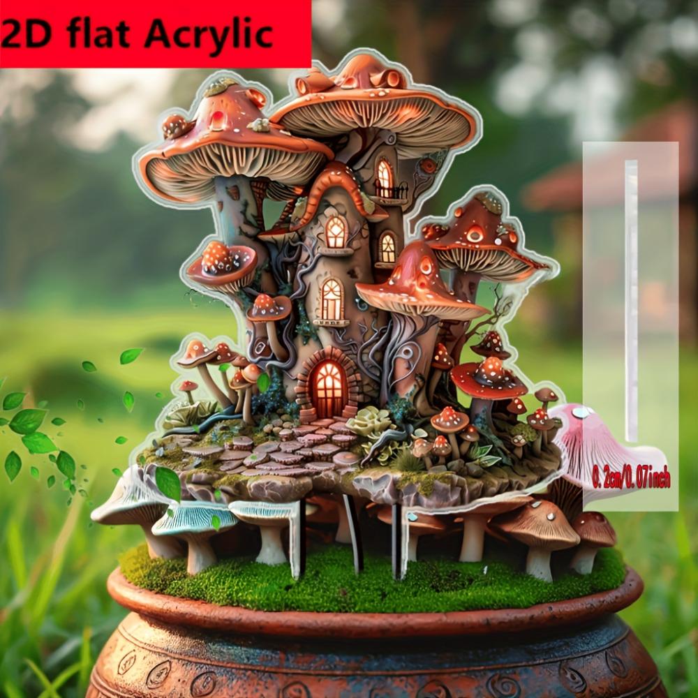 2D Flat Bohemian Mushroom House Outdoor Acrylic Insert - Decorative Garden Plug, Garden Art Accessories, with Enchanting Landscape Decoration
