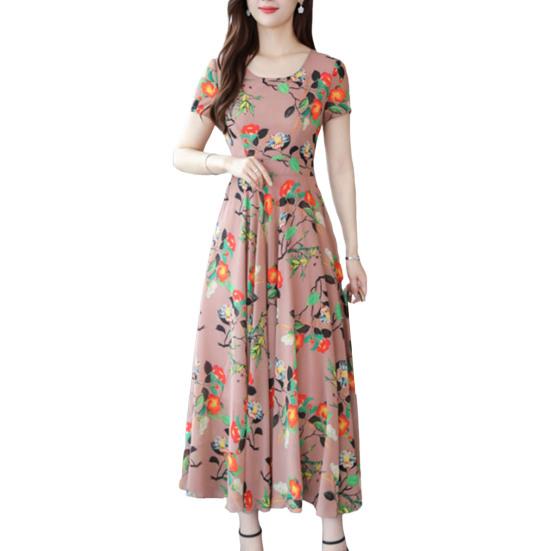 

O-neck Short Sleeve Waist Tight Pleated Large Hem Summer Dress Elegant Floral Print A-Line Midi Dress Female Clothing M рожевий