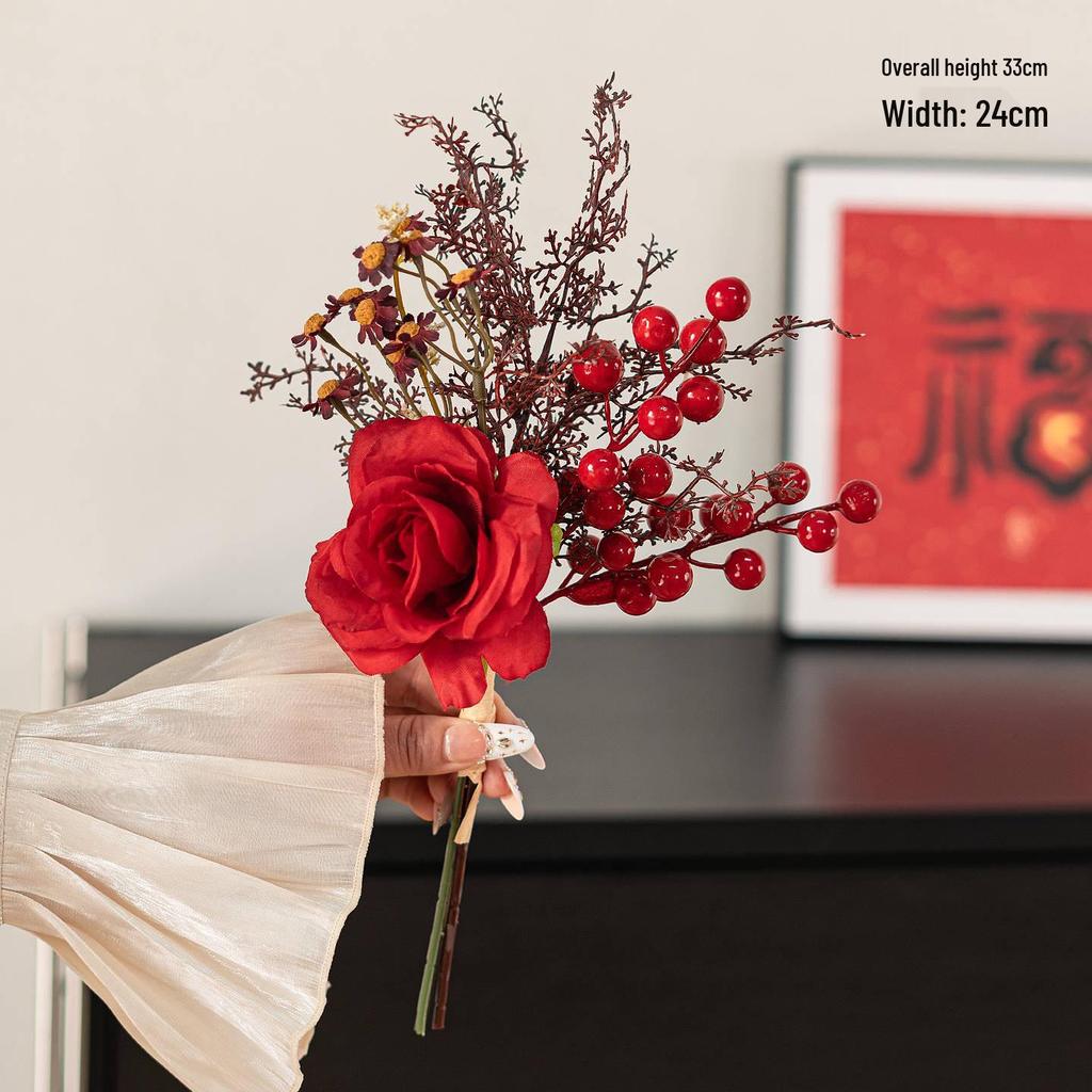 Spring Festival Red Fruit Faux Flower Arrangement for New Year, Wedding, Living Room, or Dining Table Décor