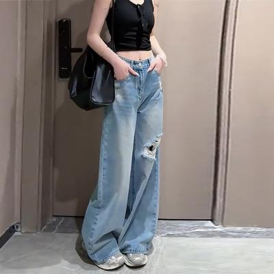 Comfortabele Blauwe Gewassen Wijde Pijp Jeans Dames Jaarlijks Herfst Los 100 Gedrapeerd Hoge Taille Slepend Broek Jeans voor Dames Lange Denim Broek