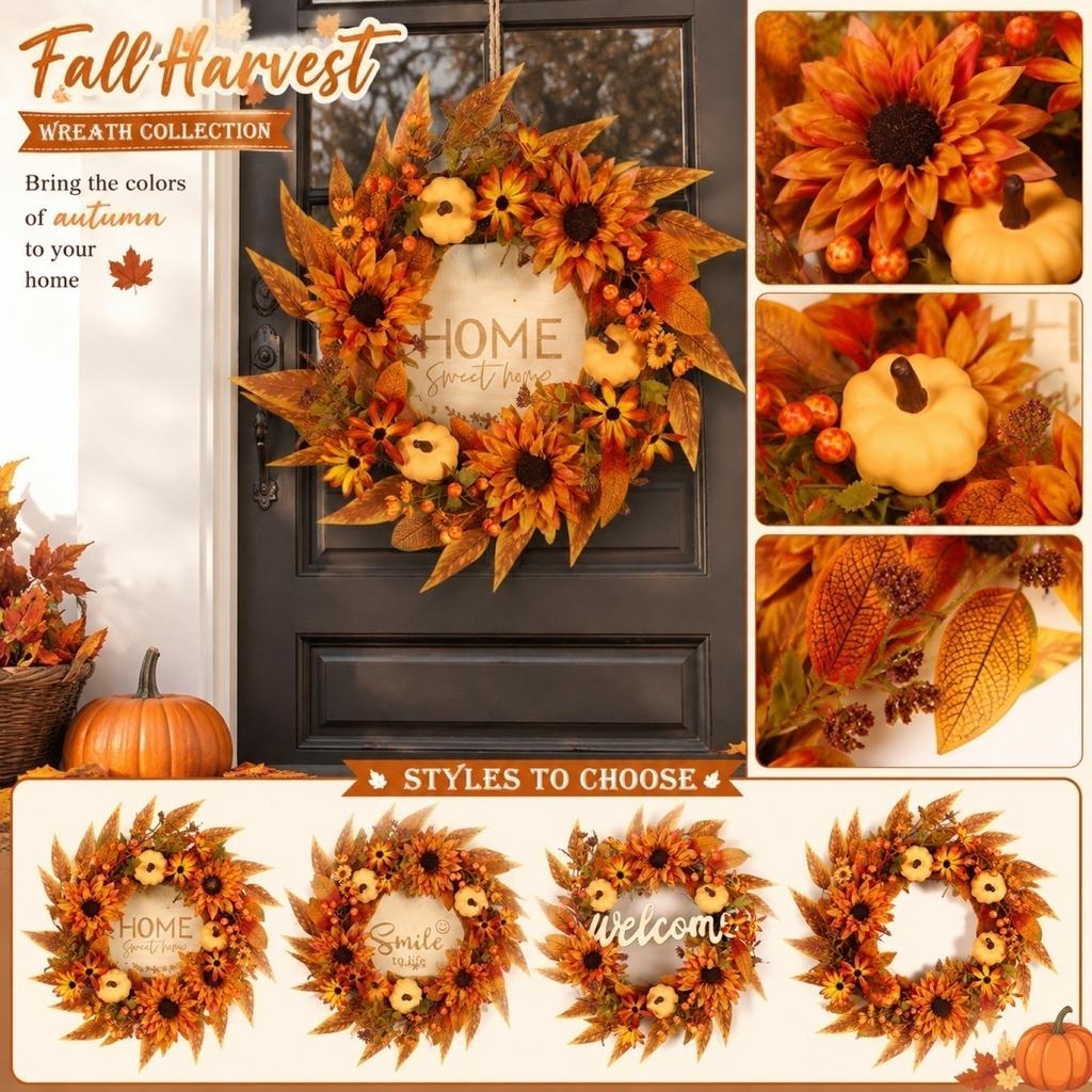 Autumn Harvest Pumpkin Wreath with Artificial Sunflowers and Daisies Home Door Hanging Decoration Fall Front Door Wreath