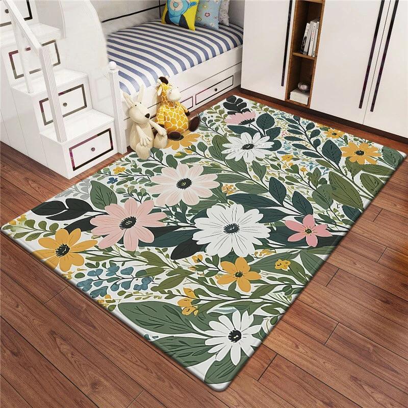 Kids Floral Cartoon Area Rug – Small Non-Slip Play Mat, Soft Floor Carpet for Bedroom Playroom Children's Room Decor
