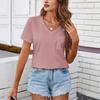 Women's Spring&Summer V-Neck Short Sleeve Pocket Solid Colour Casual T-Shirt