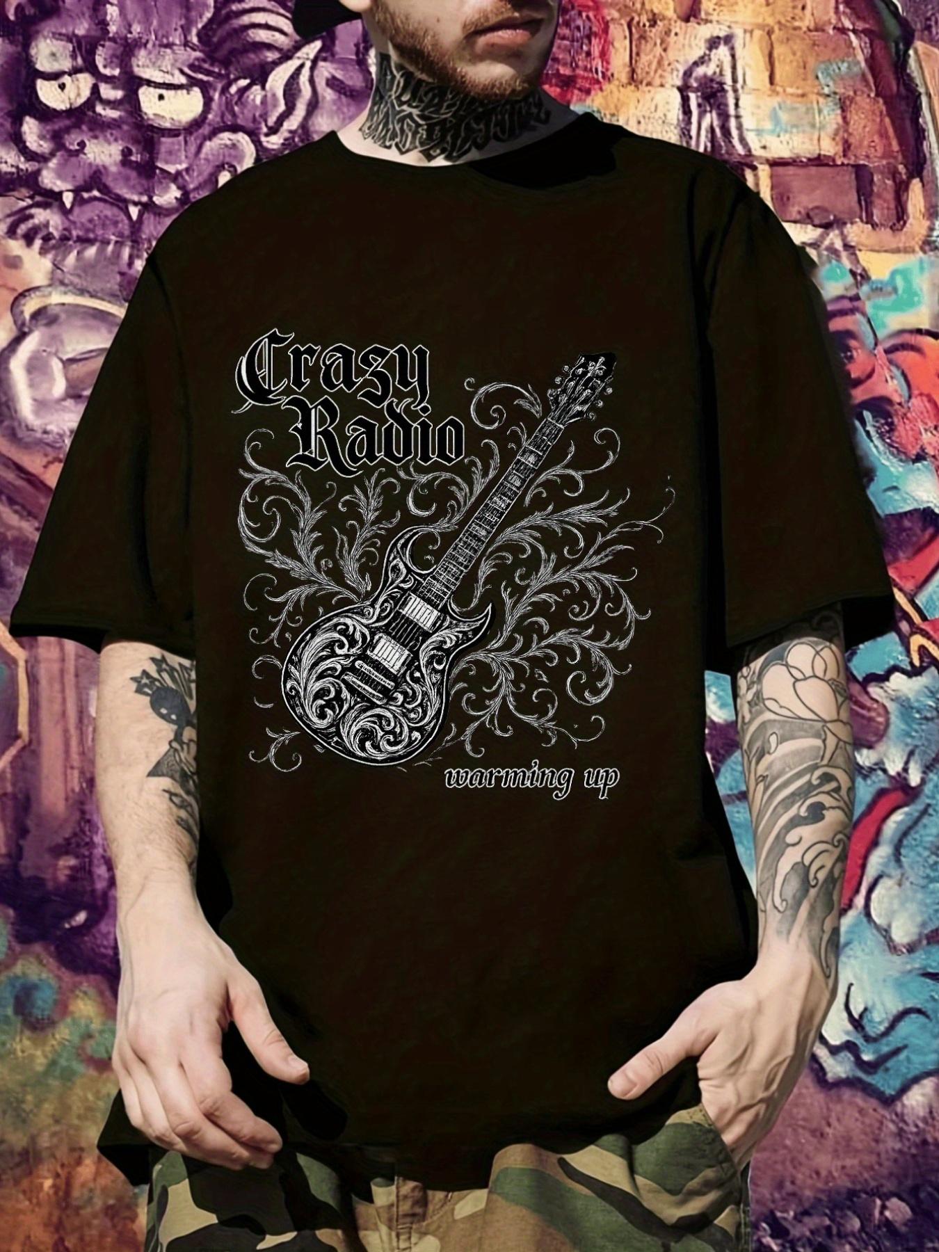 

Rock Band Graphic T-shirt - Crazy Radio & Guitar Print Tee - Dark Brown Vintage Music Shirt - Soft Breathable Fabric for Concerts XL