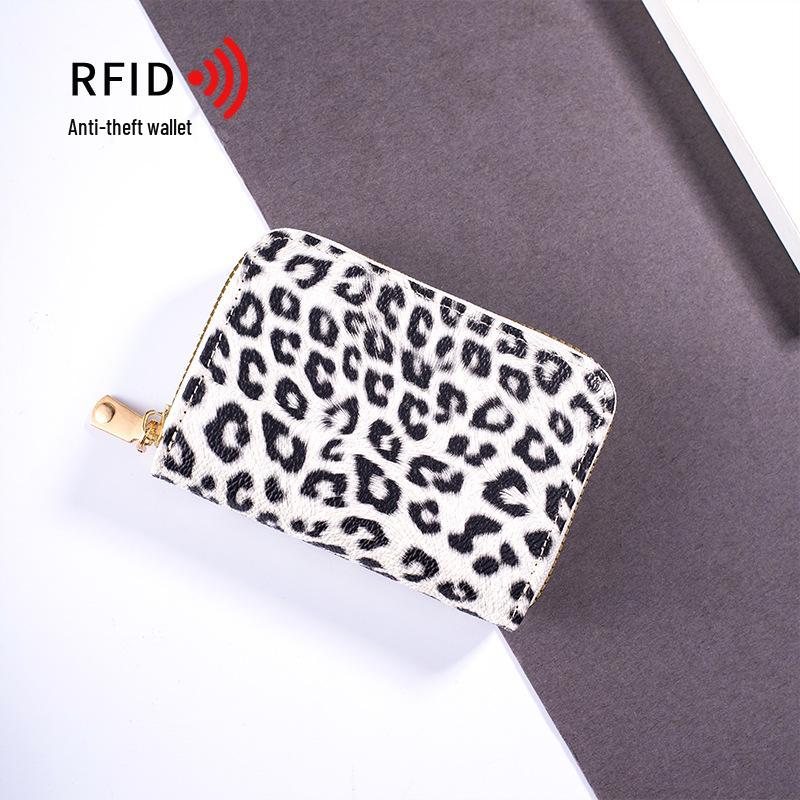 RFID Anti-theft Leopard Print Women's Accordion Card Holder with Zipper Coin Purse and Large Multi-card Capacity