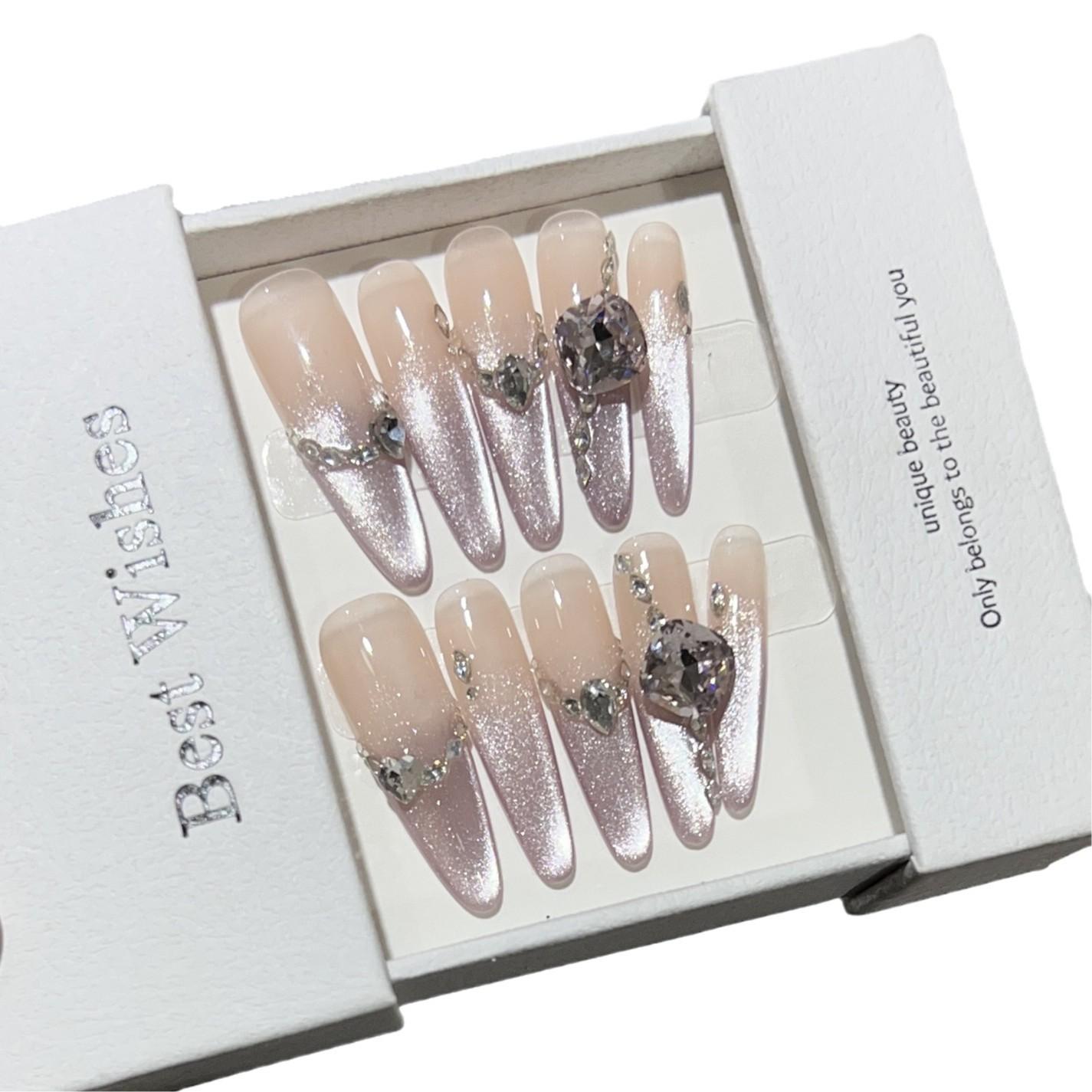 

Длинные Кошачий Глаз Носимая Броня Ручной Работы Фиолетовый Романтический Флэш Бриллиант Маникюр Телесный Накладной Ноготь Съемные Ногти Large L