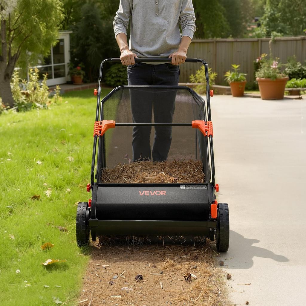 Push Lawn Sweeper, 66 cm Leaf & Grass Collector with 7 cu. ft. Hopper Bag, Adjustable Brush Height & Spinning Brushes, Heavy Duty Yard Sweeper with