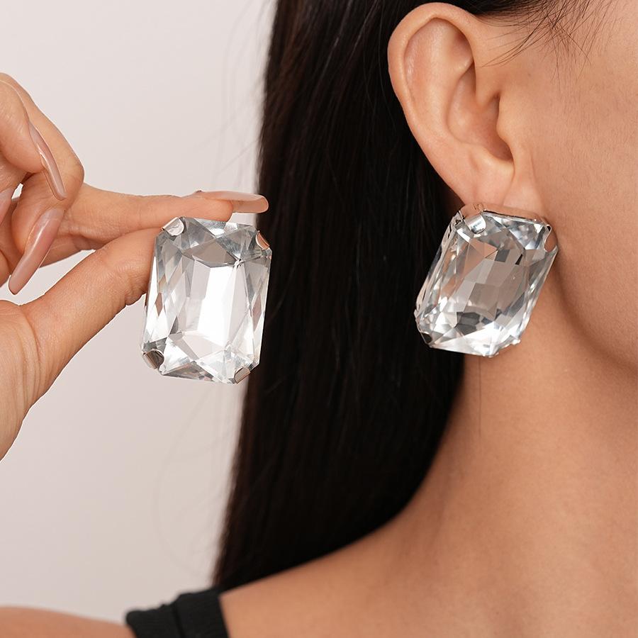 Exaggerated Inlaid Rhinestone Earrings Jewelry Set Square Necklace for Women Wedding Party Accessories