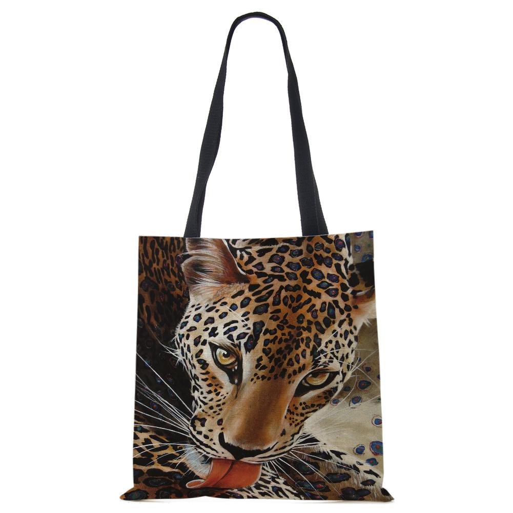 Spaudinys ant drobės nešiojamas ant peties krepšio leopardo pelėda, daugkartinio naudojimo laisvalaikio pirkėjo rankinė 2022 m. Moterų kelionių mokyklos sulankstomi paplūdimio krepšiai