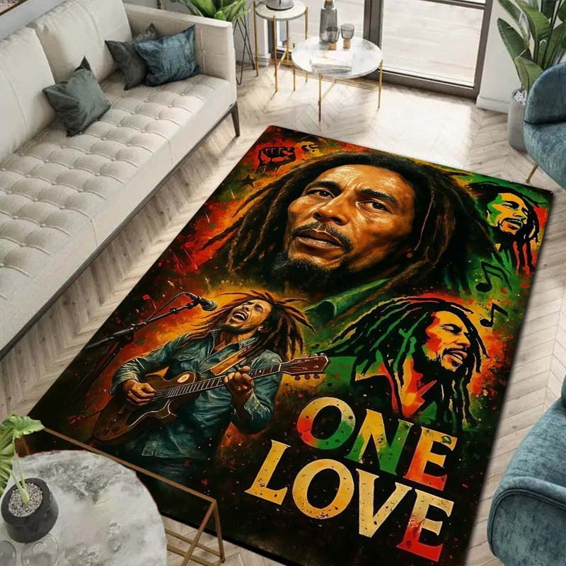 Bob Marley Music Print Flannel Area Rug Non‑Slip Floor Mat For Couch Bedroom Game Room Living Room Home Holiday Decor Gift