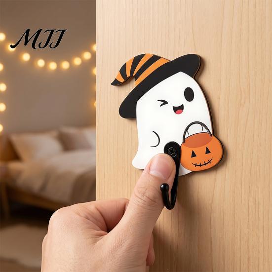Punch Free Wall Storage Rack Halloween Themed Hook, Decorative Ghost Pattern Key Hanger, Self Wood Holder for Adhesive Backing Base Hook Bathroom