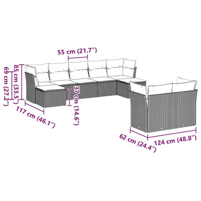 VidaXL Garden Lounge Set 9 Pcs with Light Grey Cushions Wicker 3250151