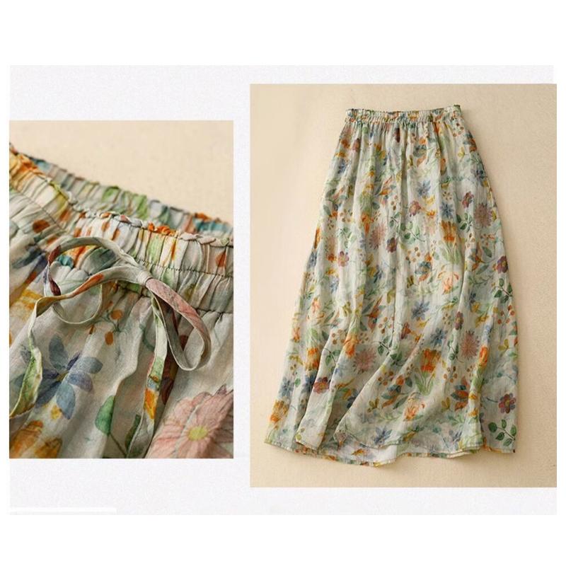 Doppellagiger Blumenskirt Damen Literarisch und Künstlerisch Dünn Sommer Temperament Baumwolle und Leinen Gefütterte Röcke