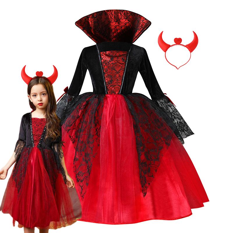 Kinder Mädchen Vampir Teufel Cosplay Kleid Komplettset mit Zubehör Halloween Motto Party Kostüm Feiertagsgeschenk für Mädchen