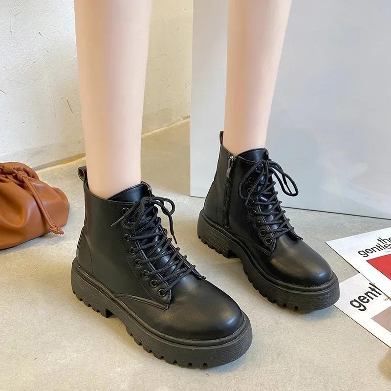 Fashion Plus Size 43 Women Motorcycle Ankle Boots Wedges Female Lace Up Platforms Black Leather Oxford Shoes Woman 2025
