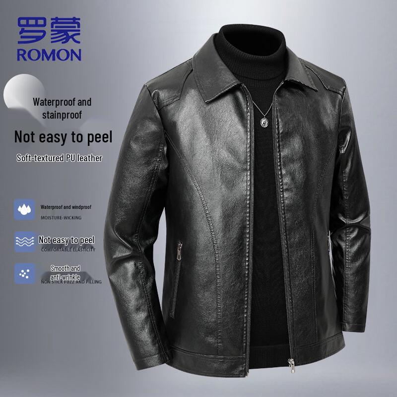 ROMON Men s Autumn/Winter Lapel PU Leather Jacket L