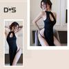 2 Pcs/Set Nightdress Panties Set High Split Hollow Out Sleeveless Backless Solid Color Qipao Style Cosplay G string Nightgown Set