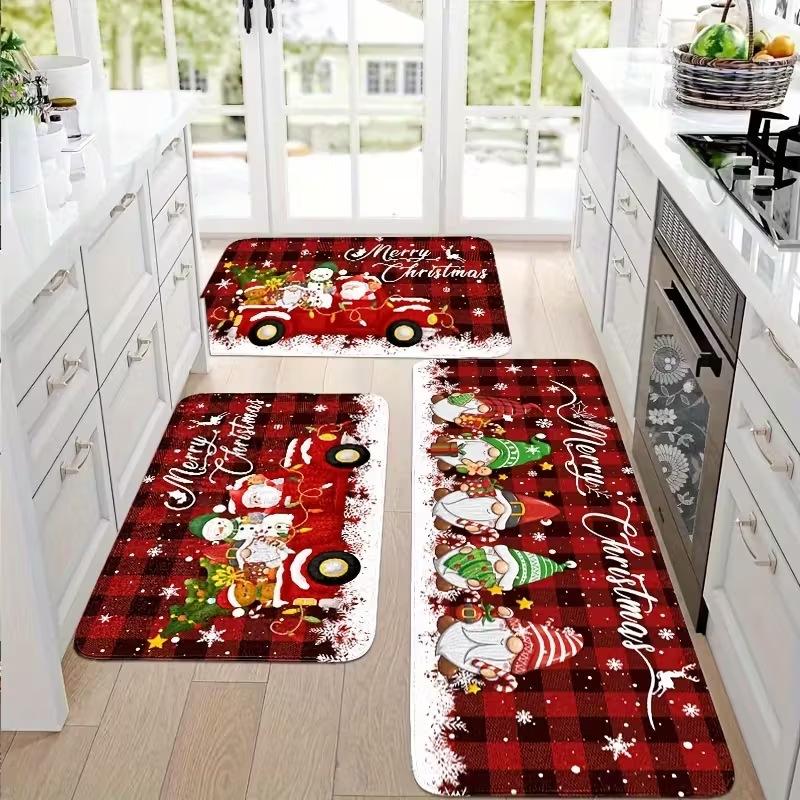 Vintage Puffy Christmas Tree Pattern Mat Non-slip Oil-proof Waterproof Floor Mat Dirt-resistant  Floor Mat for Kitchen Bathroom