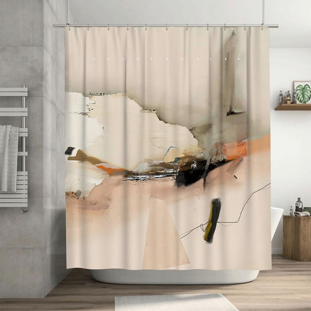 Minimalist Abstract Shower Curtain With Artistic Watercolor Design Modern Decor Home Bathroom Accessories Cream Beige Orange Col