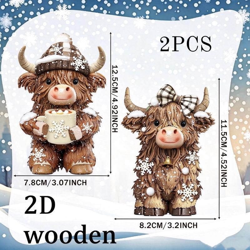 2Pcs 2D Flat Wooden Newspaper-Reading Cows Highland Cow Decorative Ornaments For Home Bedrooms Entryways Bookshelf Display