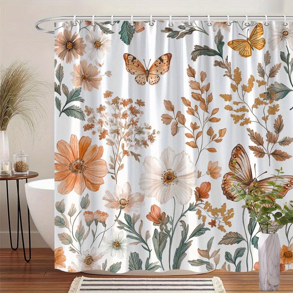 1 botanical floral shower curtain with orange, white and cream flowers, delicate butterflies and green leaves 90X180cm
