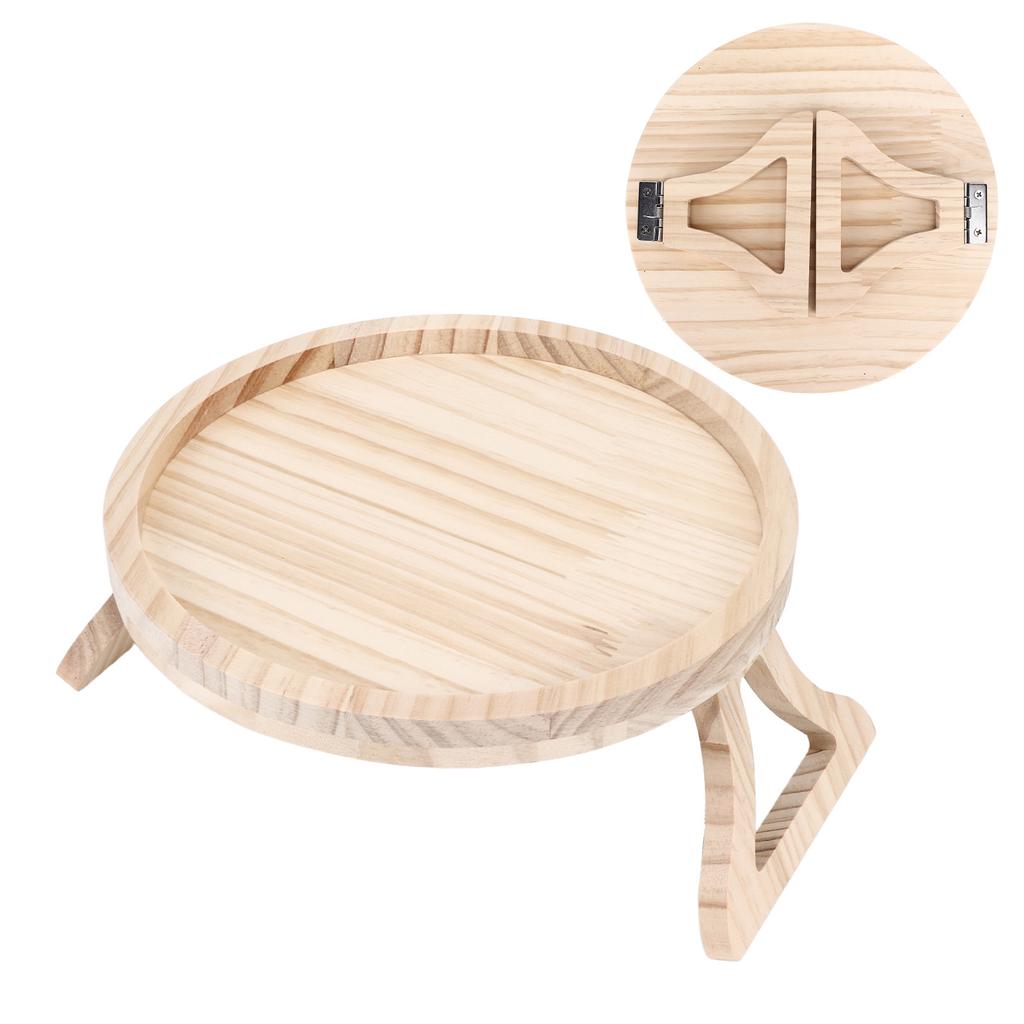 Clip On Tray Natural Bamboo 9.8in Round Home Couch Sofa Armrest Clip Tray Table for Snack Coffee