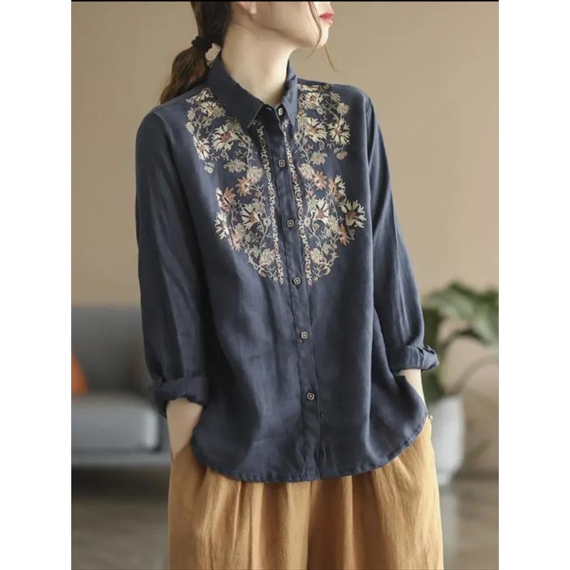 Retro Blouses Women National Shirt Linen Shirt Loose Embroidered Blous Laple Long Sleeve Cardigan Shirts